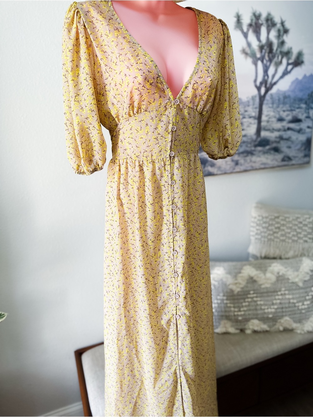 Sunny with a Chance of Blooms meadow floral sheer dreamy maxi dress M - Picture 7 of 9